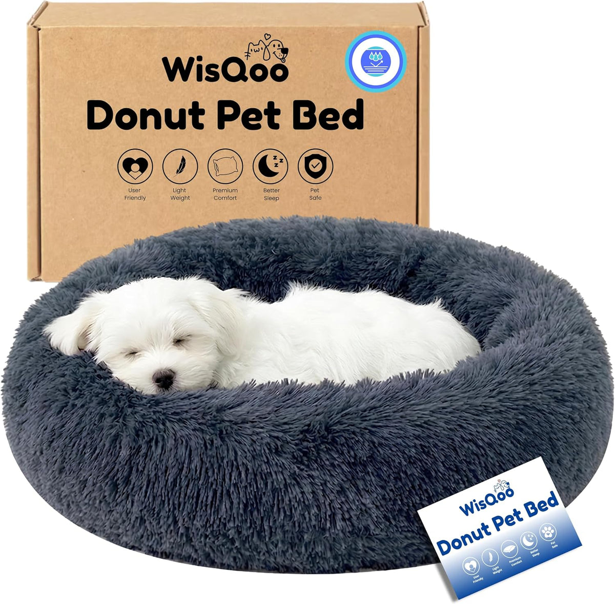 Calming Donut Dog Bed – Faux Fur Anti-Anxiety Pet Bed with Removable Washable Cover & Water-Resistant Liner – Plush Fluffy Round Nest, Non-Slip Bottom for Dogs & Cats – Medium, Grey