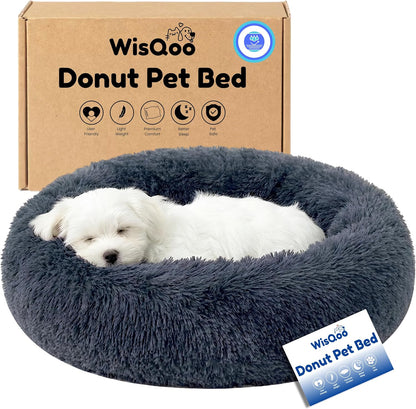 Calming Donut Dog Bed – Faux Fur Anti-Anxiety Pet Bed with Removable Washable Cover & Water-Resistant Liner – Plush Fluffy Round Nest, Non-Slip Bottom for Dogs & Cats – Medium, Grey