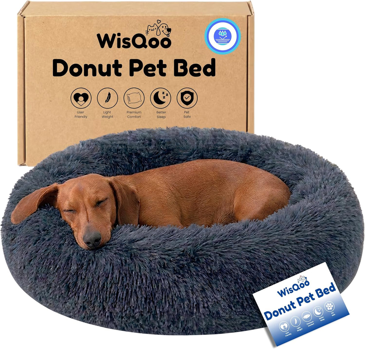 Calming Donut Dog Bed – Faux Fur Anti-Anxiety Pet Bed with Removable Washable Cover & Water-Resistant Liner – Plush Fluffy Round Nest, Non-Slip Bottom for Dogs & Cats – Medium, Grey