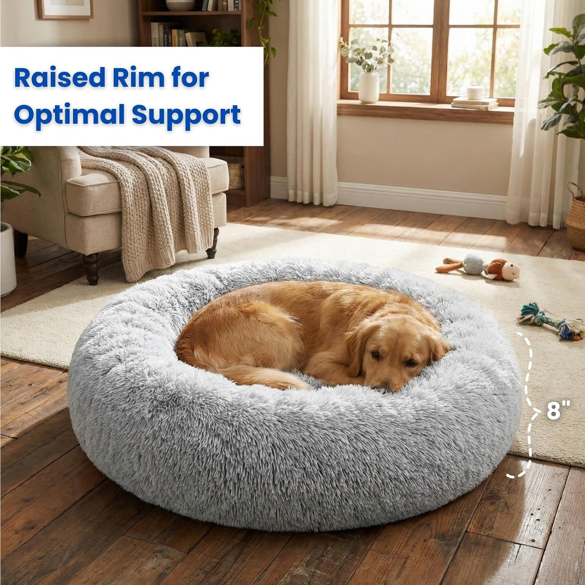 Calming Donut Dog Bed – Faux Fur Anti-Anxiety Pet Bed with Removable Washable Cover & Water-Resistant Liner – Plush Fluffy Round Nest, Non-Slip Bottom for Dogs & Cats – Medium, Grey
