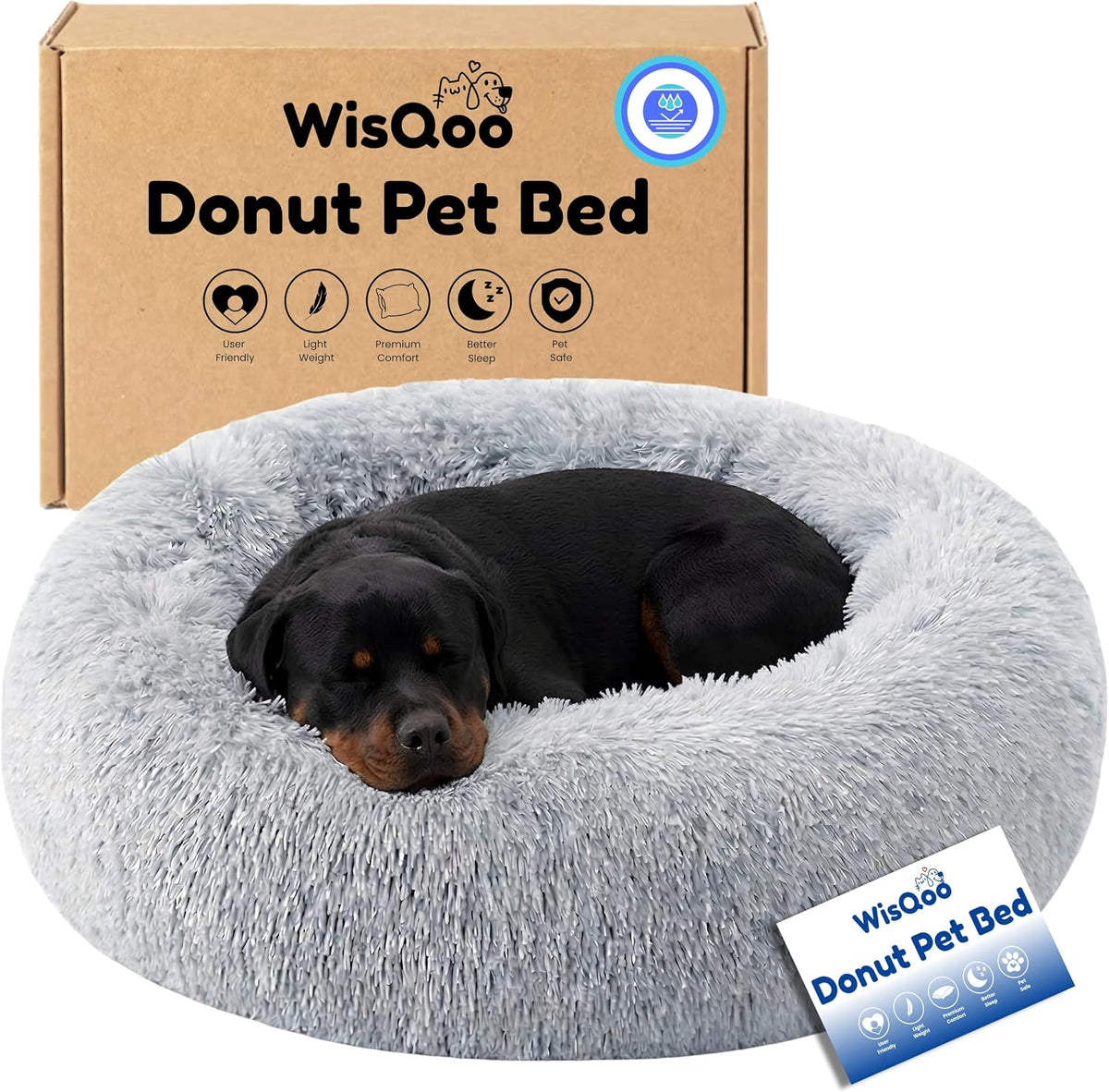 Calming Donut Dog Bed – Faux Fur Anti-Anxiety Pet Bed with Removable Washable Cover & Water-Resistant Liner – Plush Fluffy Round Nest, Non-Slip Bottom for Dogs & Cats – Medium, Grey