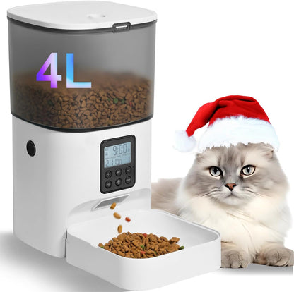 Automatic Cat Feeder, 4L Cat Food Dispenser with 10s Voice Recorder, Pet Feeder up to 8 Meals per Day, Timed Dog Feeder with Dry Food Sealed Ring