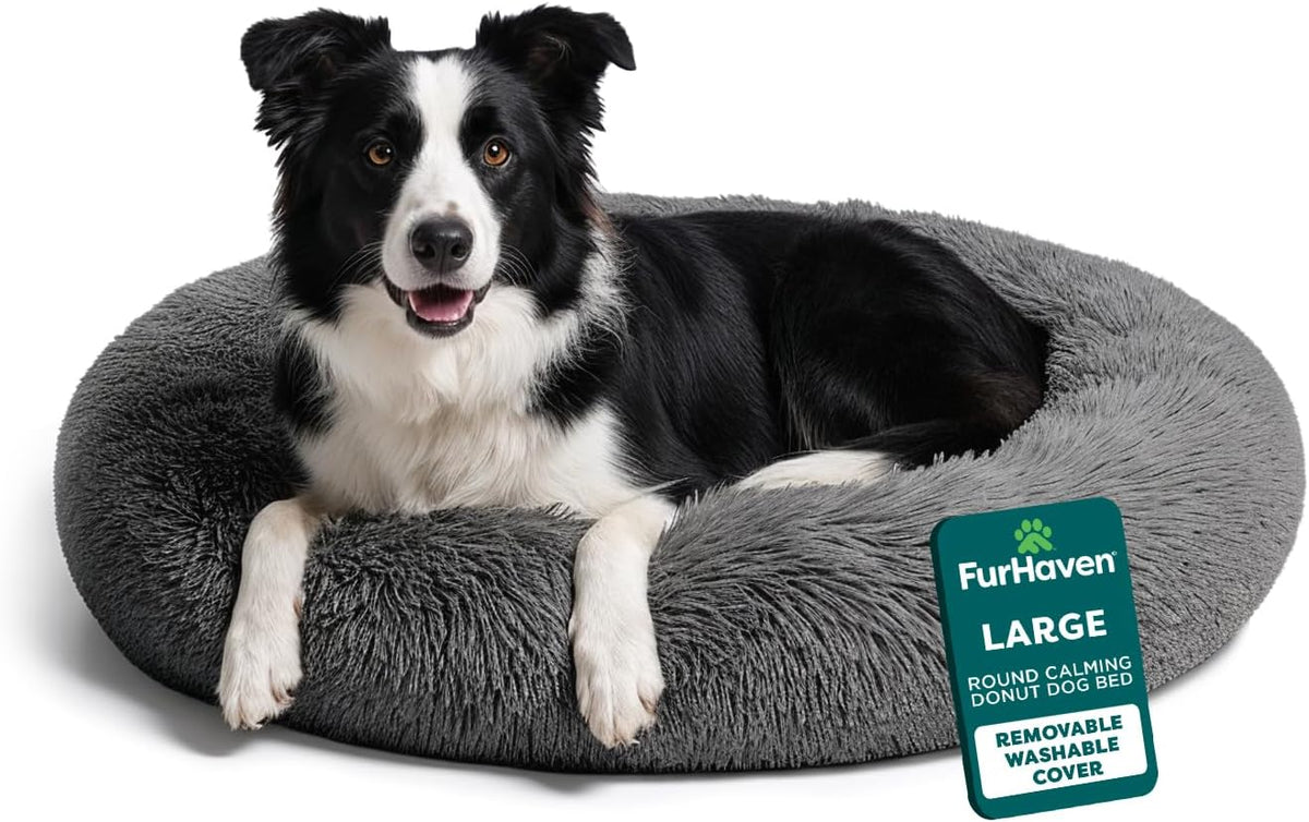 36" Round Calming Donut Dog Bed for Large/Medium Dogs, Refillable w/ Removable Washable Cover, For Dogs Up to 75 lbs - Shaggy Plush Long Faux Fur Donut Bed - Gray, Large