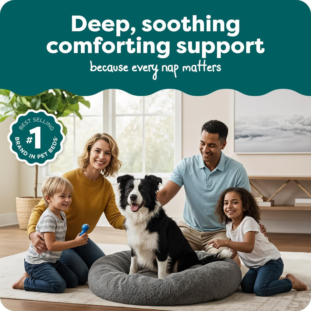 36" Round Calming Donut Dog Bed for Large/Medium Dogs, Refillable w/ Removable Washable Cover, For Dogs Up to 75 lbs - Shaggy Plush Long Faux Fur Donut Bed - Gray, Large