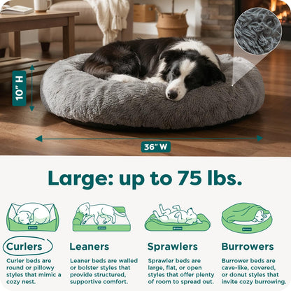 36" Round Calming Donut Dog Bed for Large/Medium Dogs, Refillable w/ Removable Washable Cover, For Dogs Up to 75 lbs - Shaggy Plush Long Faux Fur Donut Bed - Gray, Large