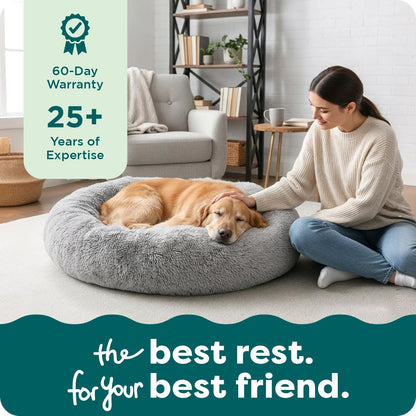 36" Round Calming Donut Dog Bed for Large/Medium Dogs, Refillable w/ Removable Washable Cover, For Dogs Up to 75 lbs - Shaggy Plush Long Faux Fur Donut Bed - Gray, Large