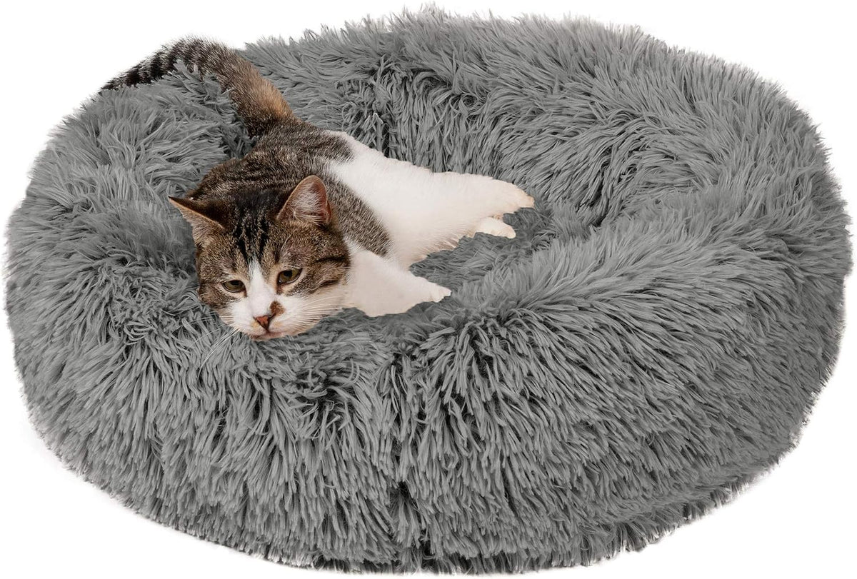 36" Round Calming Donut Dog Bed for Large/Medium Dogs, Refillable w/ Removable Washable Cover, For Dogs Up to 75 lbs - Shaggy Plush Long Faux Fur Donut Bed - Gray, Large