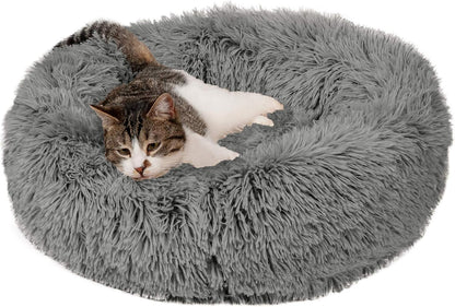 36" Round Calming Donut Dog Bed for Large/Medium Dogs, Refillable w/ Removable Washable Cover, For Dogs Up to 75 lbs - Shaggy Plush Long Faux Fur Donut Bed - Gray, Large