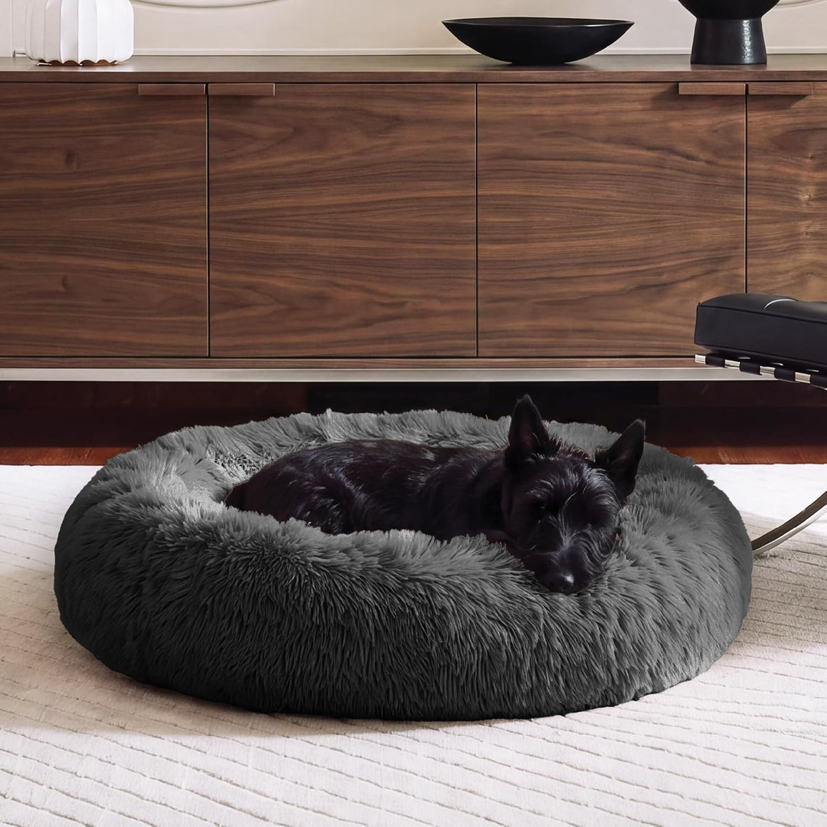 36" Round Calming Donut Dog Bed for Large/Medium Dogs, Refillable w/ Removable Washable Cover, For Dogs Up to 75 lbs - Shaggy Plush Long Faux Fur Donut Bed - Gray, Large