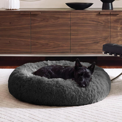 36" Round Calming Donut Dog Bed for Large/Medium Dogs, Refillable w/ Removable Washable Cover, For Dogs Up to 75 lbs - Shaggy Plush Long Faux Fur Donut Bed - Gray, Large