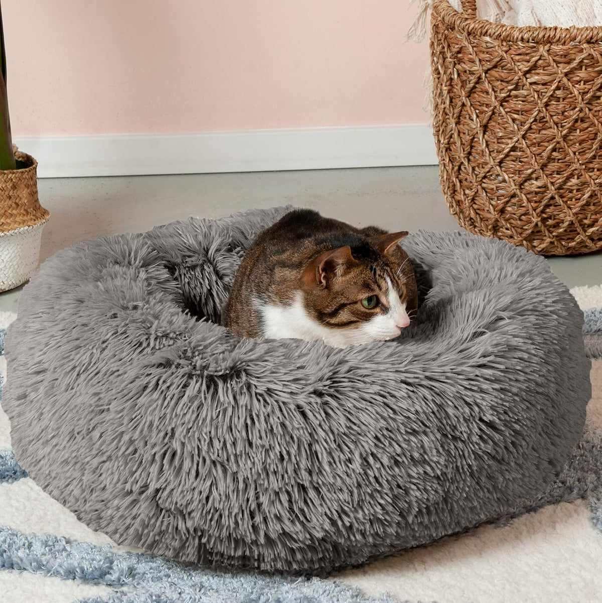 36" Round Calming Donut Dog Bed for Large/Medium Dogs, Refillable w/ Removable Washable Cover, For Dogs Up to 75 lbs - Shaggy Plush Long Faux Fur Donut Bed - Gray, Large