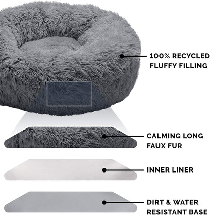 36" Round Calming Donut Dog Bed for Large/Medium Dogs, Refillable w/ Removable Washable Cover, For Dogs Up to 75 lbs - Shaggy Plush Long Faux Fur Donut Bed - Gray, Large