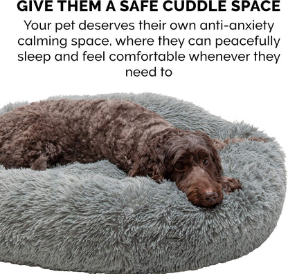 36" Round Calming Donut Dog Bed for Large/Medium Dogs, Refillable w/ Removable Washable Cover, For Dogs Up to 75 lbs - Shaggy Plush Long Faux Fur Donut Bed - Gray, Large