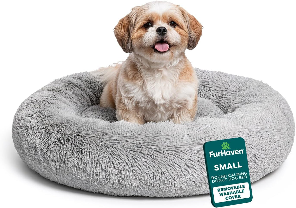 36" Round Calming Donut Dog Bed for Large/Medium Dogs, Refillable w/ Removable Washable Cover, For Dogs Up to 75 lbs - Shaggy Plush Long Faux Fur Donut Bed - Gray, Large