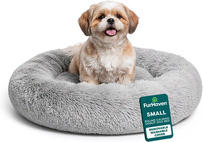 36" Round Calming Donut Dog Bed for Large/Medium Dogs, Refillable w/ Removable Washable Cover, For Dogs Up to 75 lbs - Shaggy Plush Long Faux Fur Donut Bed - Gray, Large
