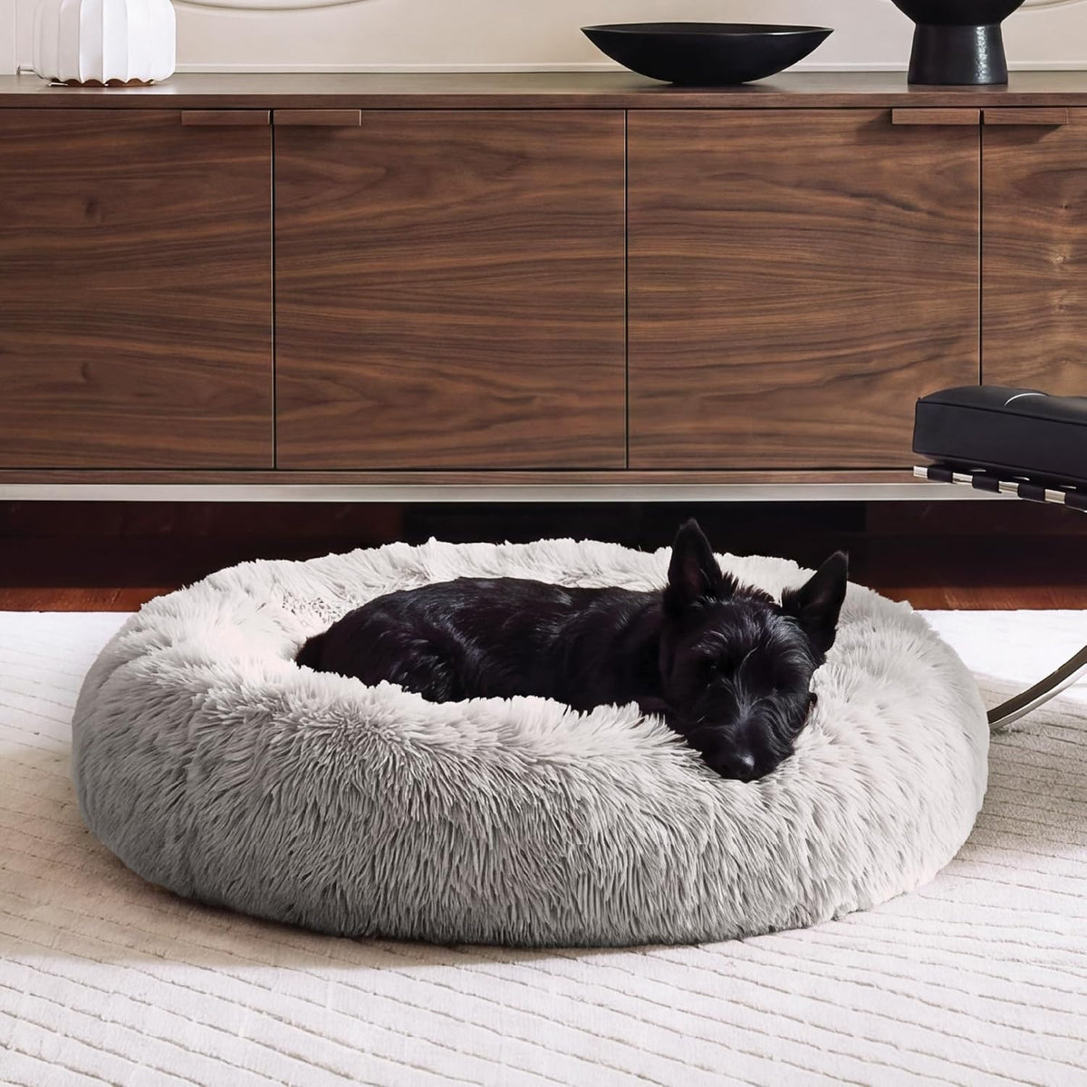 36" Round Calming Donut Dog Bed for Large/Medium Dogs, Refillable w/ Removable Washable Cover, For Dogs Up to 75 lbs - Shaggy Plush Long Faux Fur Donut Bed - Gray, Large