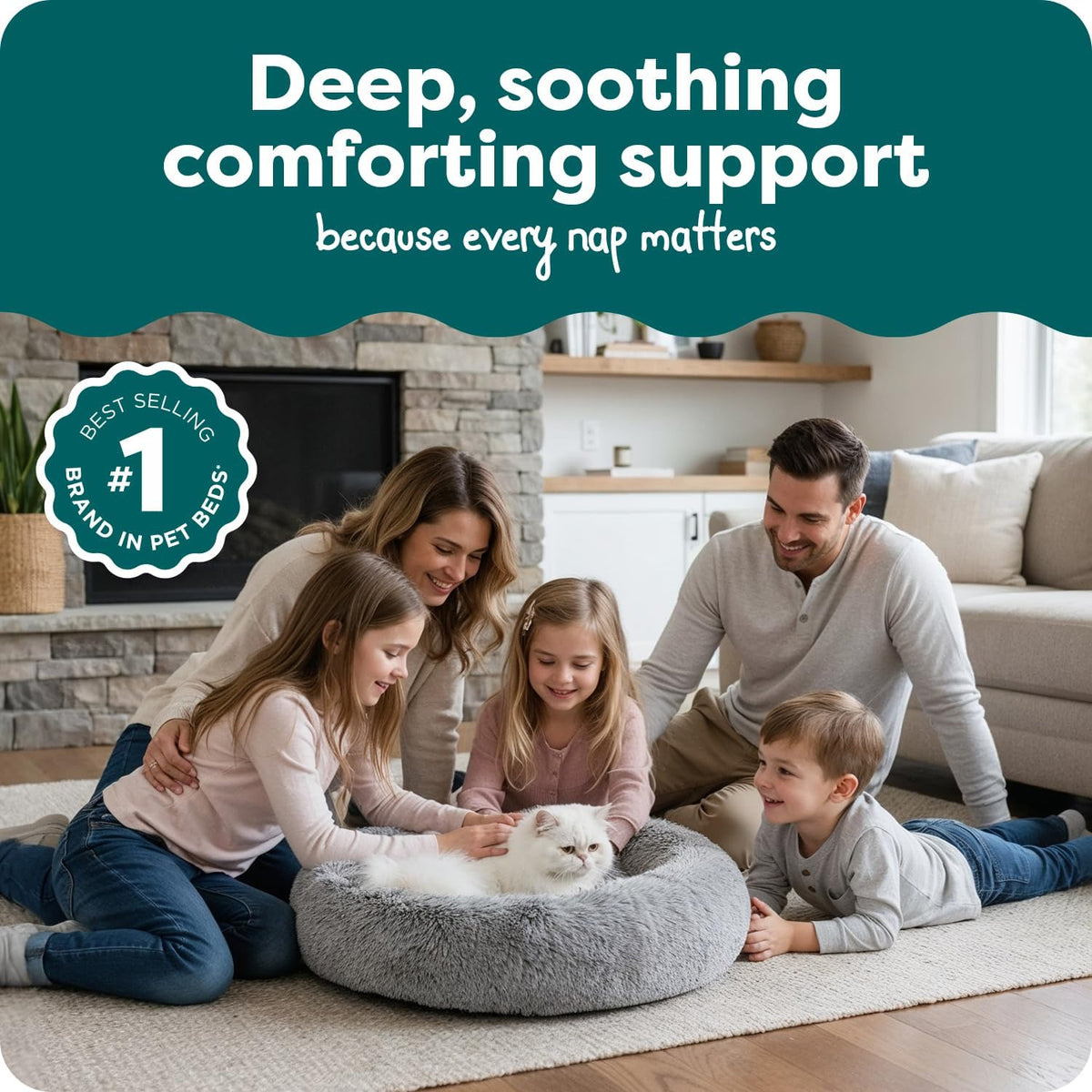 36" Round Calming Donut Dog Bed for Large/Medium Dogs, Refillable w/ Removable Washable Cover, For Dogs Up to 75 lbs - Shaggy Plush Long Faux Fur Donut Bed - Gray, Large
