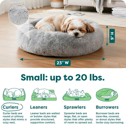 36" Round Calming Donut Dog Bed for Large/Medium Dogs, Refillable w/ Removable Washable Cover, For Dogs Up to 75 lbs - Shaggy Plush Long Faux Fur Donut Bed - Gray, Large