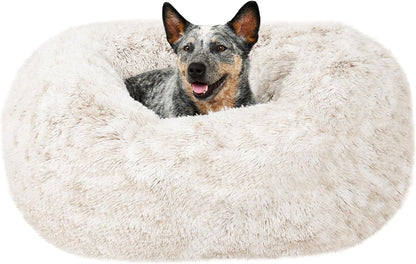 36" Round Calming Donut Dog Bed for Large/Medium Dogs, Refillable w/ Removable Washable Cover, For Dogs Up to 75 lbs - Shaggy Plush Long Faux Fur Donut Bed - Gray, Large