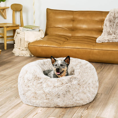 36" Round Calming Donut Dog Bed for Large/Medium Dogs, Refillable w/ Removable Washable Cover, For Dogs Up to 75 lbs - Shaggy Plush Long Faux Fur Donut Bed - Gray, Large