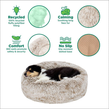 36" Round Calming Donut Dog Bed for Large/Medium Dogs, Refillable w/ Removable Washable Cover, For Dogs Up to 75 lbs - Shaggy Plush Long Faux Fur Donut Bed - Gray, Large