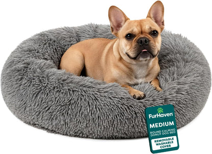 36" Round Calming Donut Dog Bed for Large/Medium Dogs, Refillable w/ Removable Washable Cover, For Dogs Up to 75 lbs - Shaggy Plush Long Faux Fur Donut Bed - Gray, Large