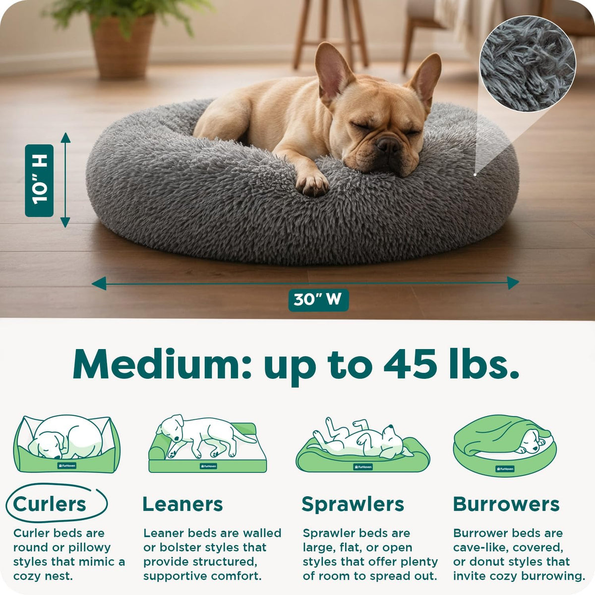 36" Round Calming Donut Dog Bed for Large/Medium Dogs, Refillable w/ Removable Washable Cover, For Dogs Up to 75 lbs - Shaggy Plush Long Faux Fur Donut Bed - Gray, Large