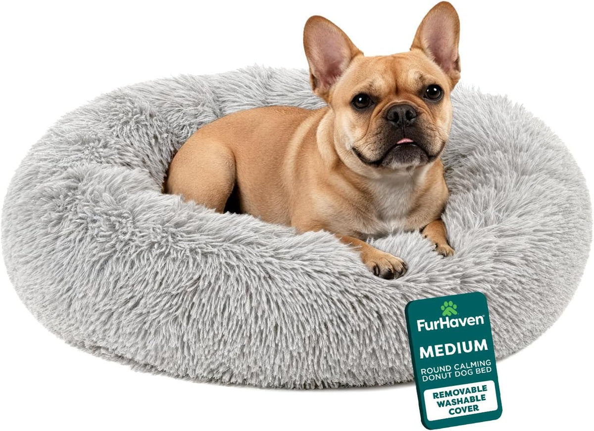 36" Round Calming Donut Dog Bed for Large/Medium Dogs, Refillable w/ Removable Washable Cover, For Dogs Up to 75 lbs - Shaggy Plush Long Faux Fur Donut Bed - Gray, Large