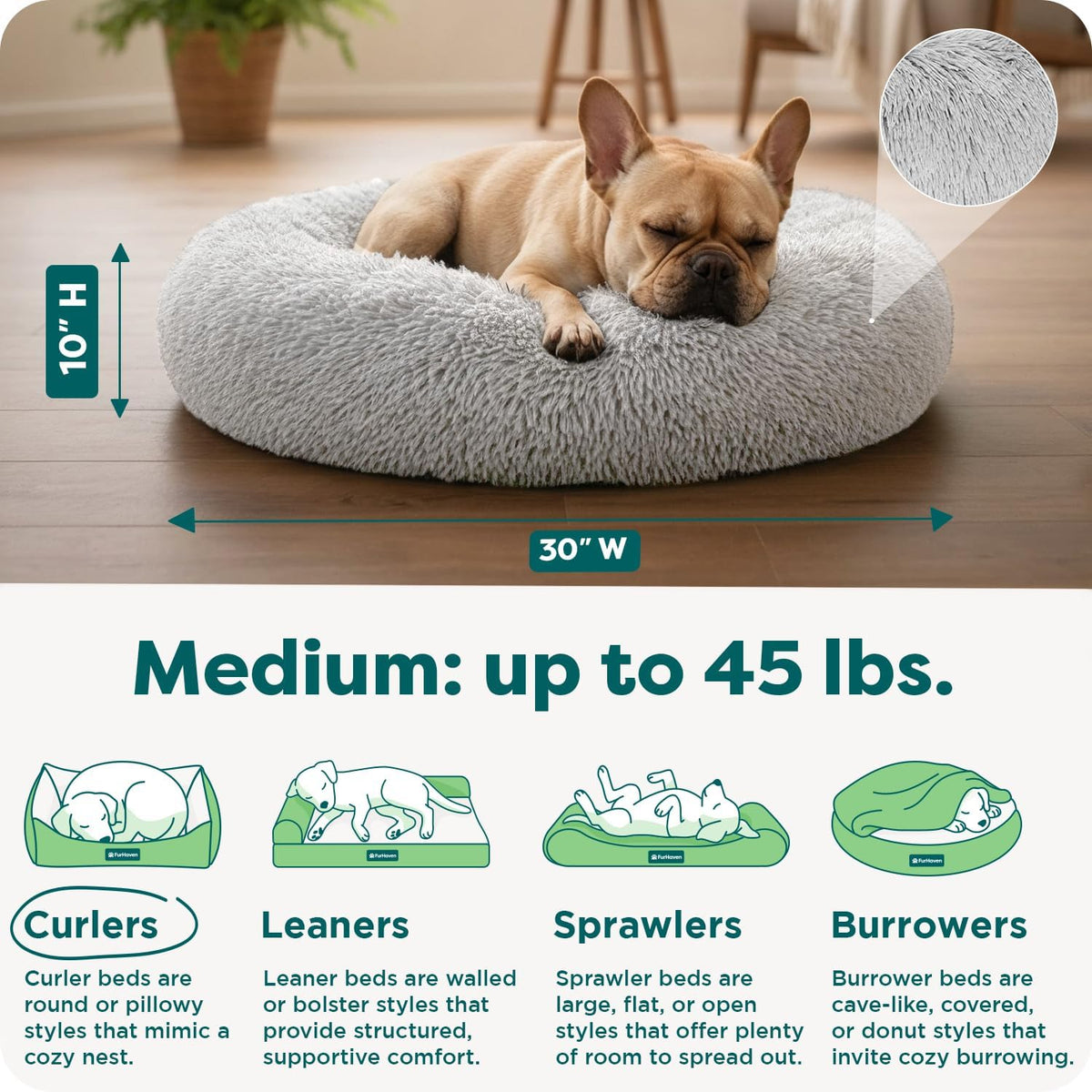 36" Round Calming Donut Dog Bed for Large/Medium Dogs, Refillable w/ Removable Washable Cover, For Dogs Up to 75 lbs - Shaggy Plush Long Faux Fur Donut Bed - Gray, Large