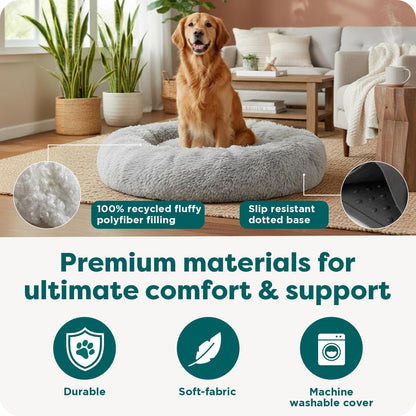 36" Round Calming Donut Dog Bed for Large/Medium Dogs, Refillable w/ Removable Washable Cover, For Dogs Up to 75 lbs - Shaggy Plush Long Faux Fur Donut Bed - Gray, Large