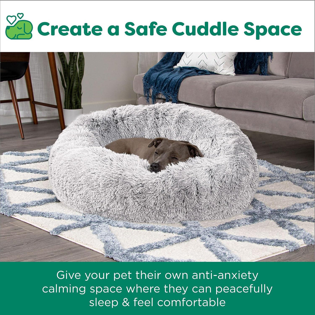 36" Round Calming Donut Dog Bed for Large/Medium Dogs, Refillable w/ Removable Washable Cover, For Dogs Up to 75 lbs - Shaggy Plush Long Faux Fur Donut Bed - Gray, Large