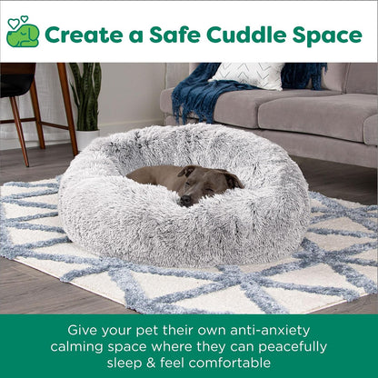 36" Round Calming Donut Dog Bed for Large/Medium Dogs, Refillable w/ Removable Washable Cover, For Dogs Up to 75 lbs - Shaggy Plush Long Faux Fur Donut Bed - Gray, Large