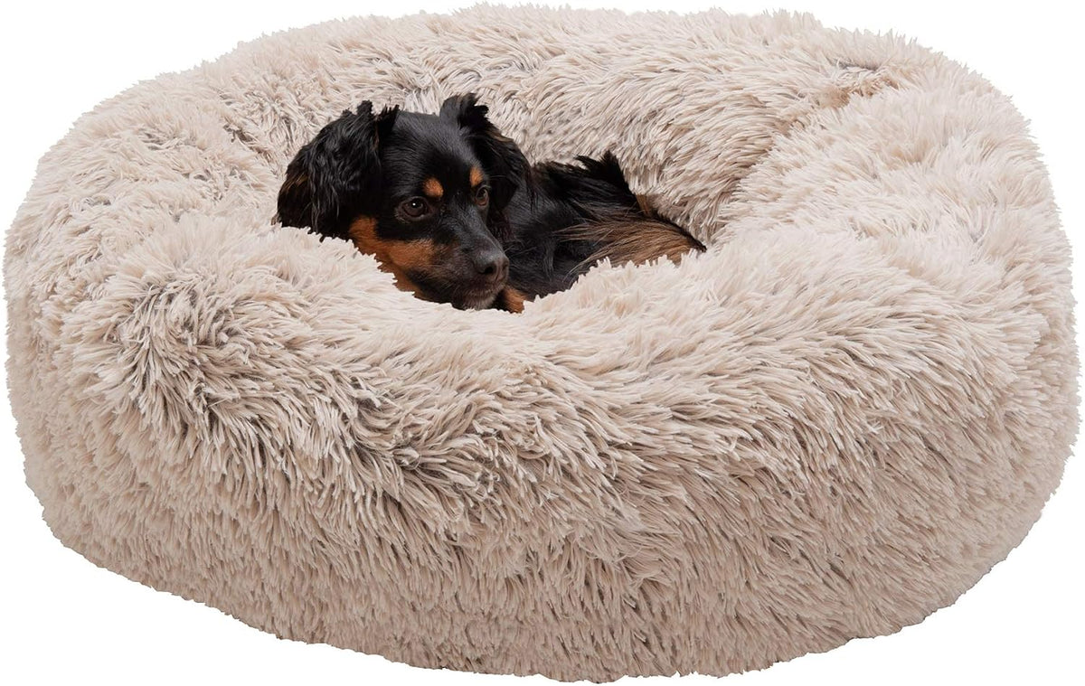 36" Round Calming Donut Dog Bed for Large/Medium Dogs, Refillable w/ Removable Washable Cover, For Dogs Up to 75 lbs - Shaggy Plush Long Faux Fur Donut Bed - Gray, Large