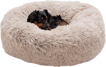 36" Round Calming Donut Dog Bed for Large/Medium Dogs, Refillable w/ Removable Washable Cover, For Dogs Up to 75 lbs - Shaggy Plush Long Faux Fur Donut Bed - Gray, Large