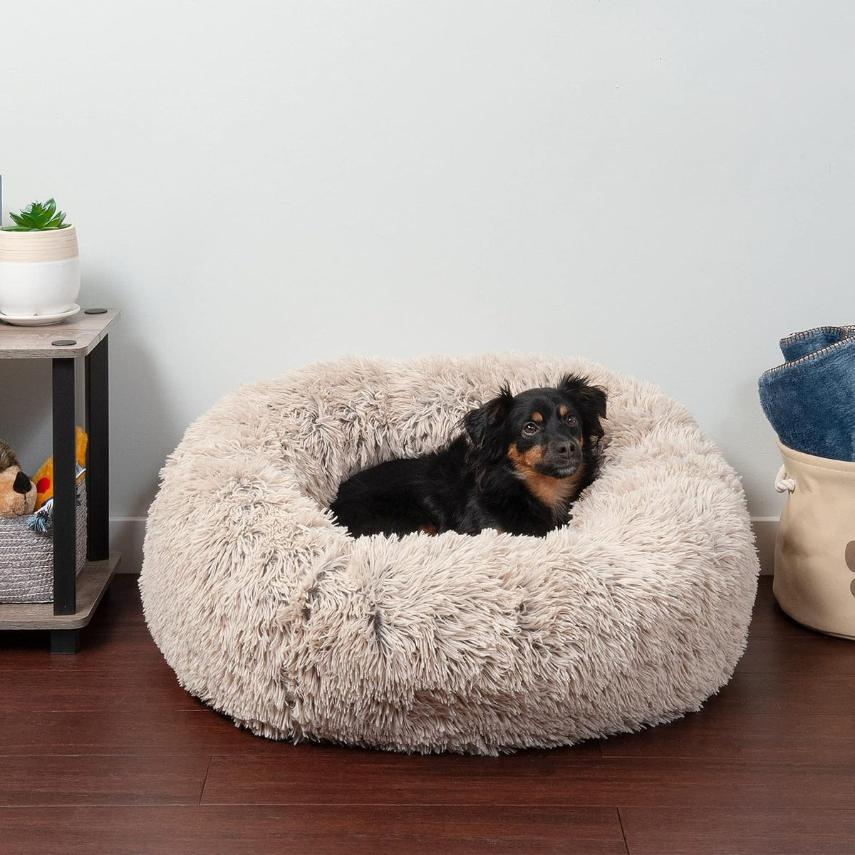 36" Round Calming Donut Dog Bed for Large/Medium Dogs, Refillable w/ Removable Washable Cover, For Dogs Up to 75 lbs - Shaggy Plush Long Faux Fur Donut Bed - Gray, Large