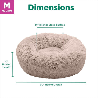 36" Round Calming Donut Dog Bed for Large/Medium Dogs, Refillable w/ Removable Washable Cover, For Dogs Up to 75 lbs - Shaggy Plush Long Faux Fur Donut Bed - Gray, Large