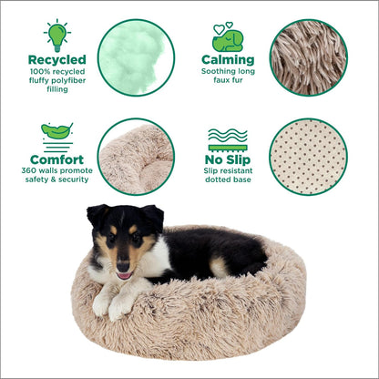 36" Round Calming Donut Dog Bed for Large/Medium Dogs, Refillable w/ Removable Washable Cover, For Dogs Up to 75 lbs - Shaggy Plush Long Faux Fur Donut Bed - Gray, Large