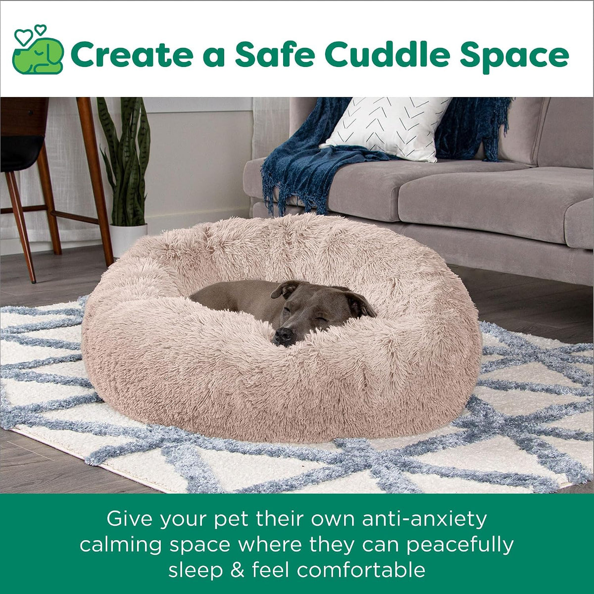 36" Round Calming Donut Dog Bed for Large/Medium Dogs, Refillable w/ Removable Washable Cover, For Dogs Up to 75 lbs - Shaggy Plush Long Faux Fur Donut Bed - Gray, Large