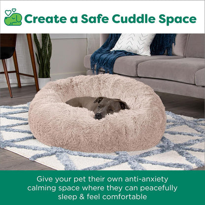 36" Round Calming Donut Dog Bed for Large/Medium Dogs, Refillable w/ Removable Washable Cover, For Dogs Up to 75 lbs - Shaggy Plush Long Faux Fur Donut Bed - Gray, Large