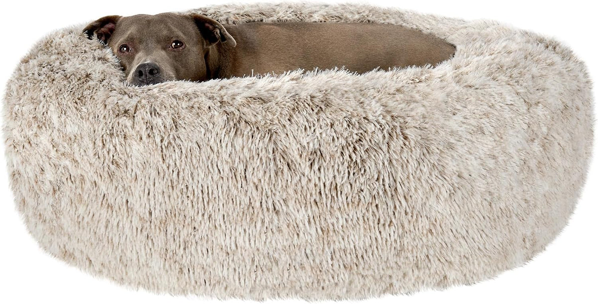 36" Round Calming Donut Dog Bed for Large/Medium Dogs, Refillable w/ Removable Washable Cover, For Dogs Up to 75 lbs - Shaggy Plush Long Faux Fur Donut Bed - Gray, Large