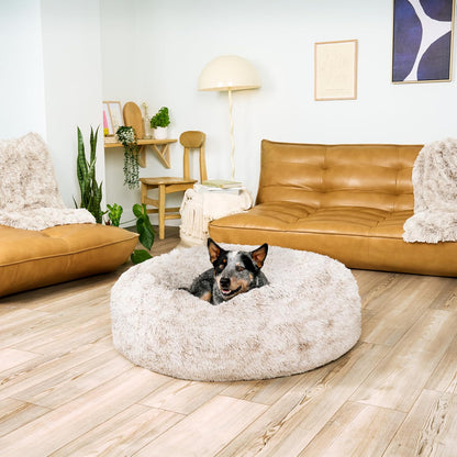 36" Round Calming Donut Dog Bed for Large/Medium Dogs, Refillable w/ Removable Washable Cover, For Dogs Up to 75 lbs - Shaggy Plush Long Faux Fur Donut Bed - Gray, Large