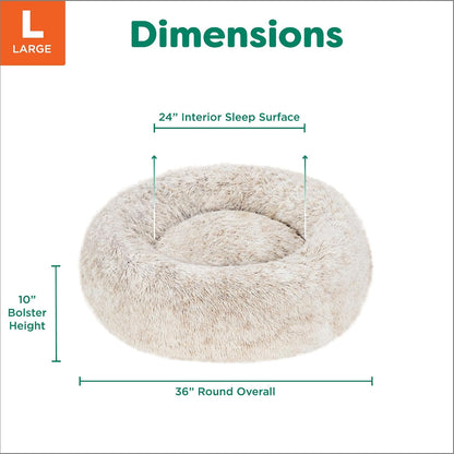 36" Round Calming Donut Dog Bed for Large/Medium Dogs, Refillable w/ Removable Washable Cover, For Dogs Up to 75 lbs - Shaggy Plush Long Faux Fur Donut Bed - Gray, Large