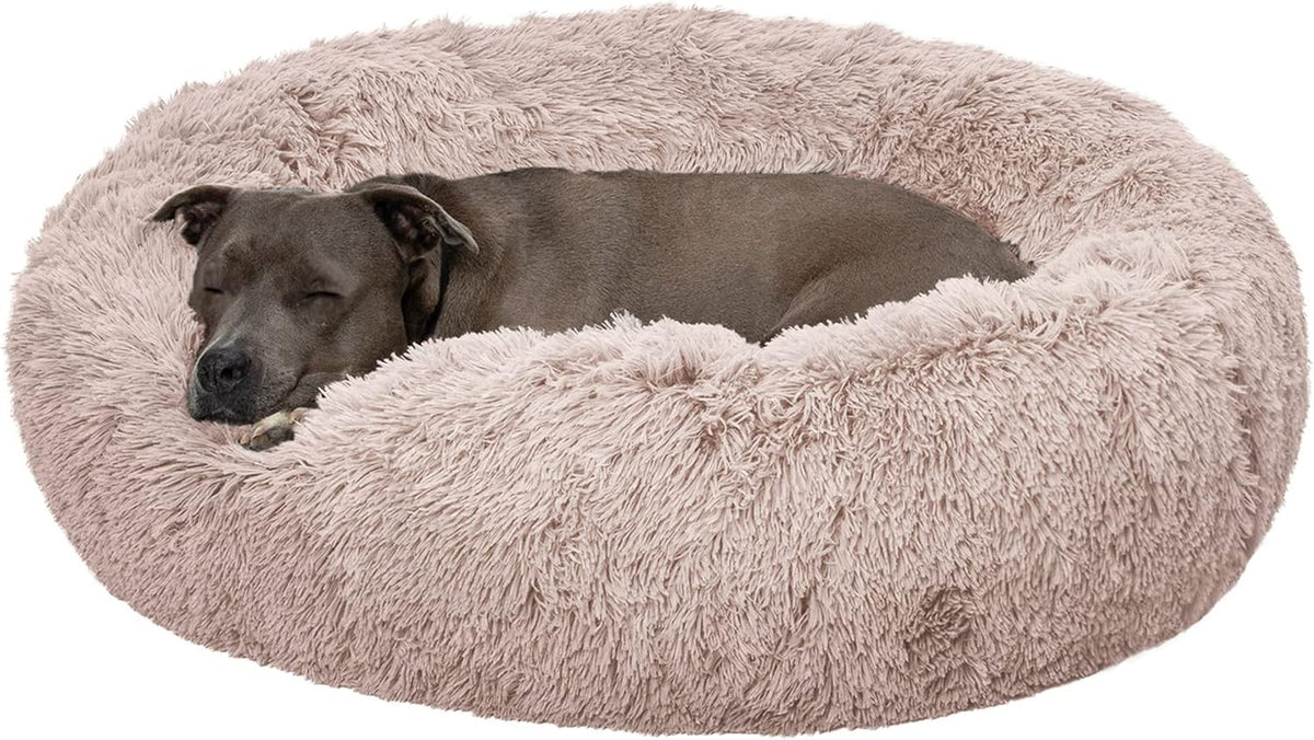 36" Round Calming Donut Dog Bed for Large/Medium Dogs, Refillable w/ Removable Washable Cover, For Dogs Up to 75 lbs - Shaggy Plush Long Faux Fur Donut Bed - Gray, Large