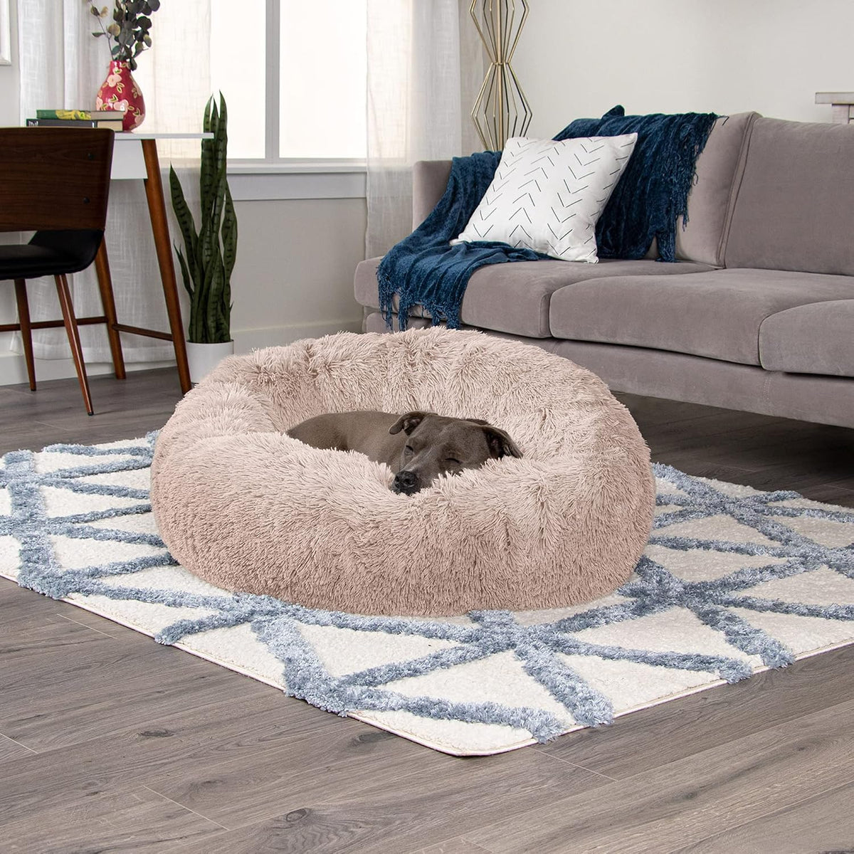 36" Round Calming Donut Dog Bed for Large/Medium Dogs, Refillable w/ Removable Washable Cover, For Dogs Up to 75 lbs - Shaggy Plush Long Faux Fur Donut Bed - Gray, Large