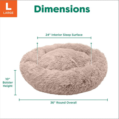 36" Round Calming Donut Dog Bed for Large/Medium Dogs, Refillable w/ Removable Washable Cover, For Dogs Up to 75 lbs - Shaggy Plush Long Faux Fur Donut Bed - Gray, Large