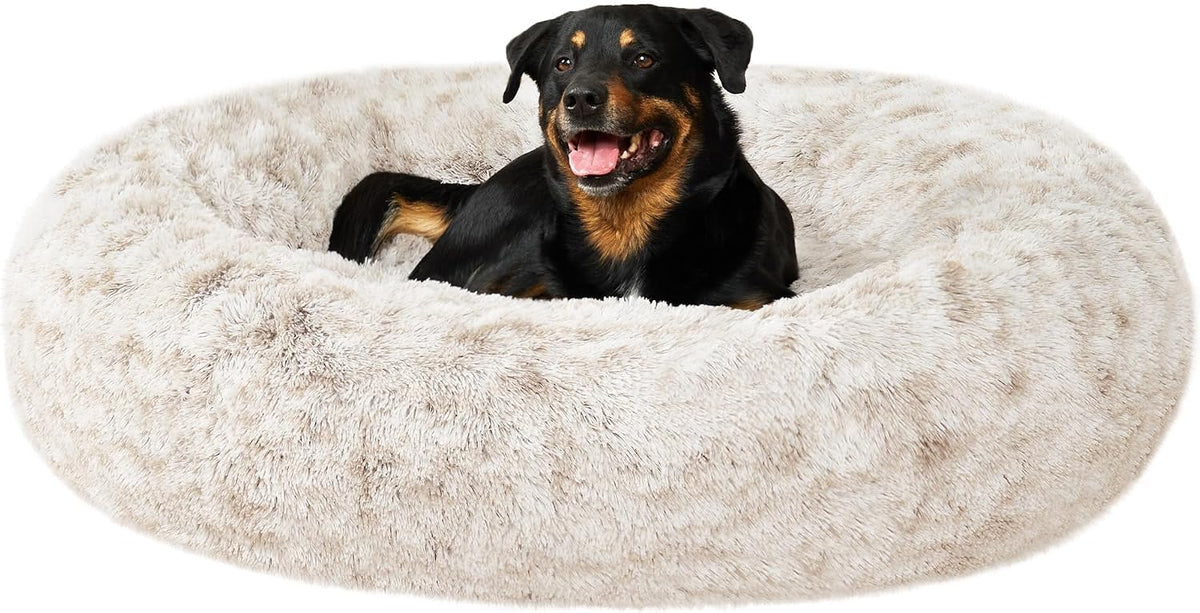 36" Round Calming Donut Dog Bed for Large/Medium Dogs, Refillable w/ Removable Washable Cover, For Dogs Up to 75 lbs - Shaggy Plush Long Faux Fur Donut Bed - Gray, Large