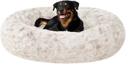 36" Round Calming Donut Dog Bed for Large/Medium Dogs, Refillable w/ Removable Washable Cover, For Dogs Up to 75 lbs - Shaggy Plush Long Faux Fur Donut Bed - Gray, Large