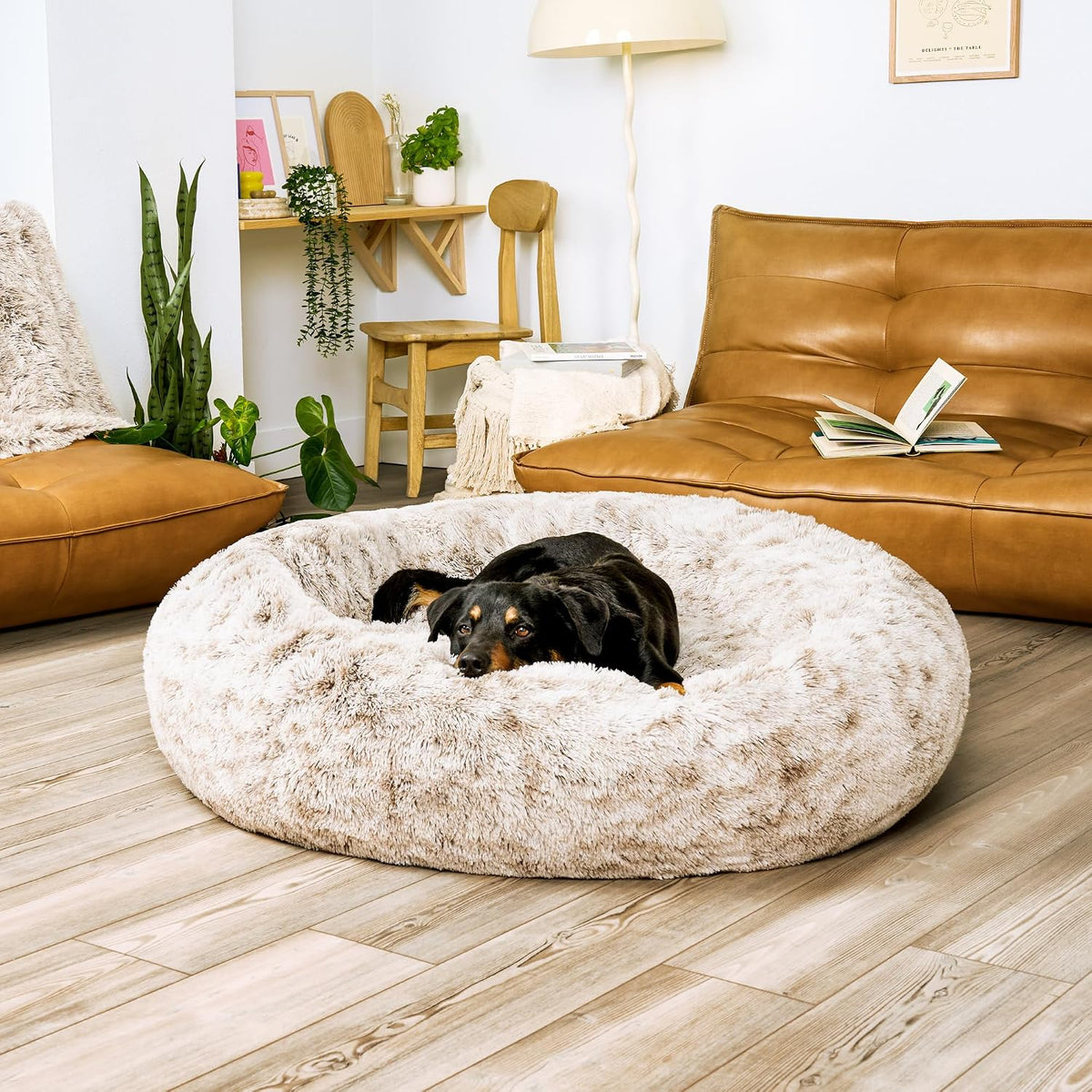 36" Round Calming Donut Dog Bed for Large/Medium Dogs, Refillable w/ Removable Washable Cover, For Dogs Up to 75 lbs - Shaggy Plush Long Faux Fur Donut Bed - Gray, Large