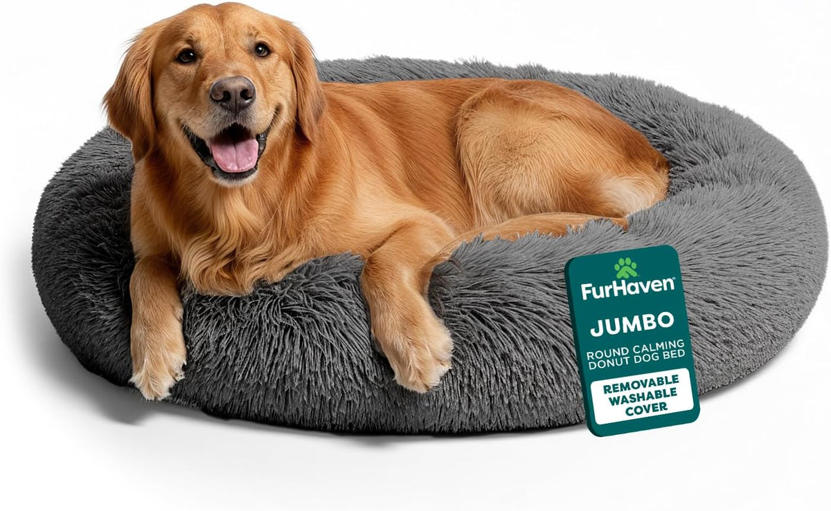 36" Round Calming Donut Dog Bed for Large/Medium Dogs, Refillable w/ Removable Washable Cover, For Dogs Up to 75 lbs - Shaggy Plush Long Faux Fur Donut Bed - Gray, Large