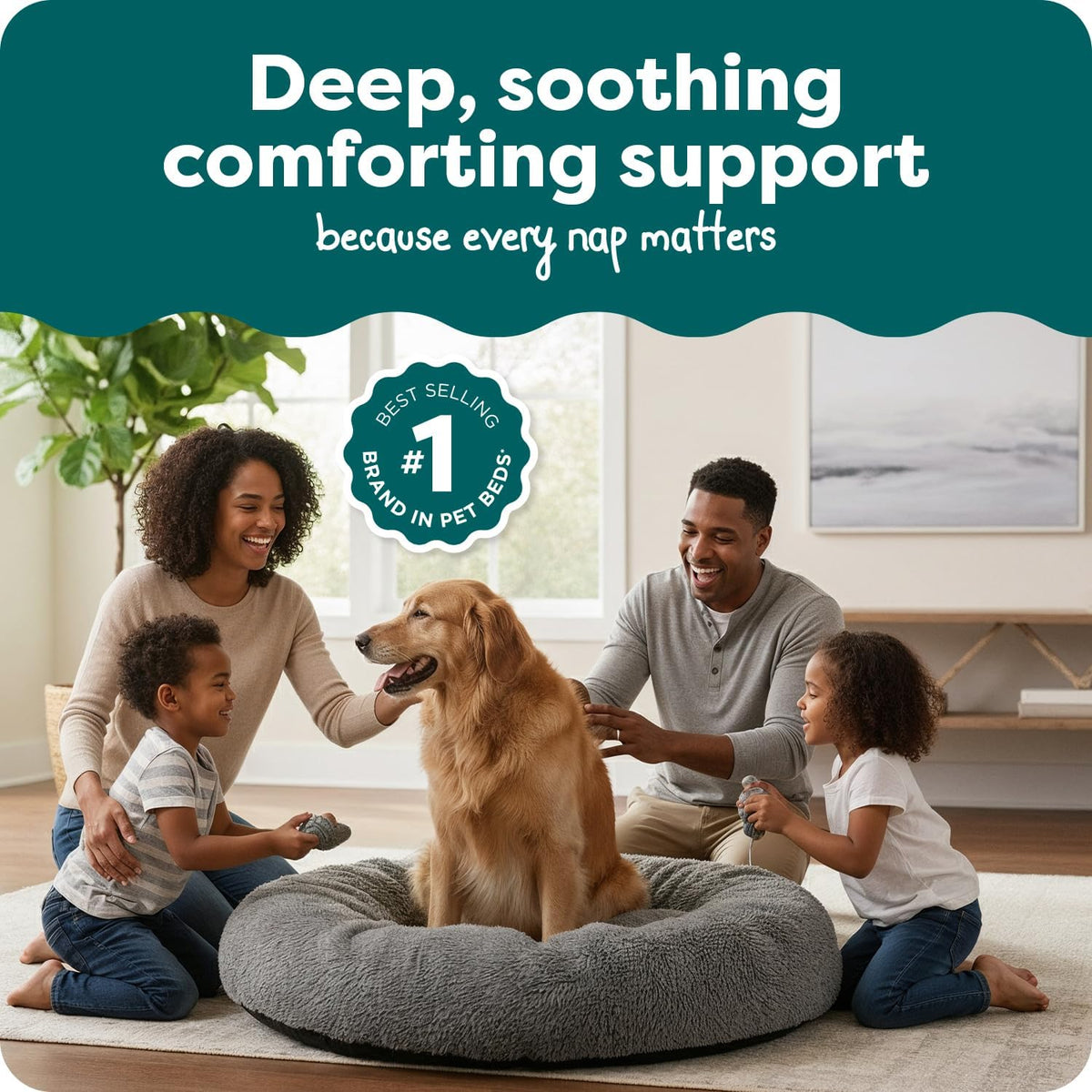 36" Round Calming Donut Dog Bed for Large/Medium Dogs, Refillable w/ Removable Washable Cover, For Dogs Up to 75 lbs - Shaggy Plush Long Faux Fur Donut Bed - Gray, Large